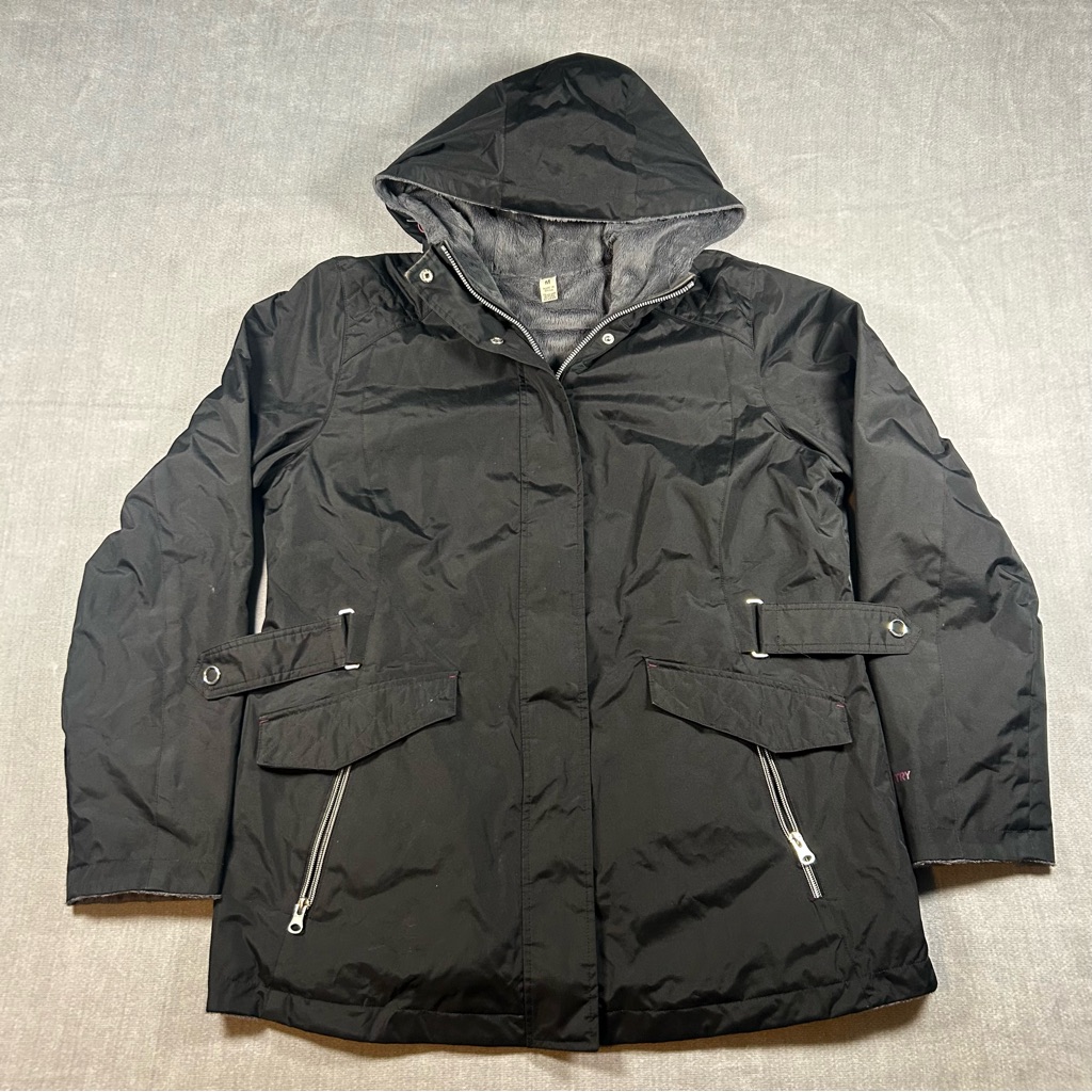 Free Country Womens Black Hooded Parka Jacket Faux Fur Lined Size Medium